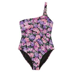 Victorias Secret One‎ Shoulder Floral Swimsuit Purple Pink Rhinestone Logo Large
